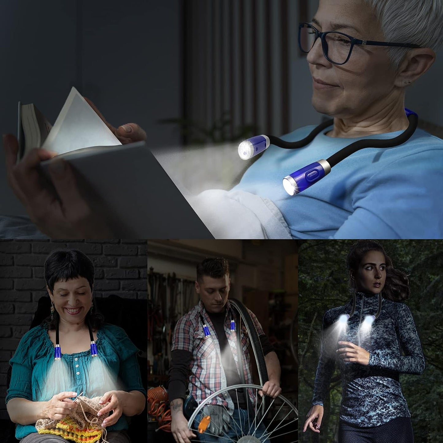 Neck Reading Light - 6 Brightness Levels, Bendable Neck, Hands Free, Rechargeable for Bed, Crochet, Knitting, Camping, Repairing