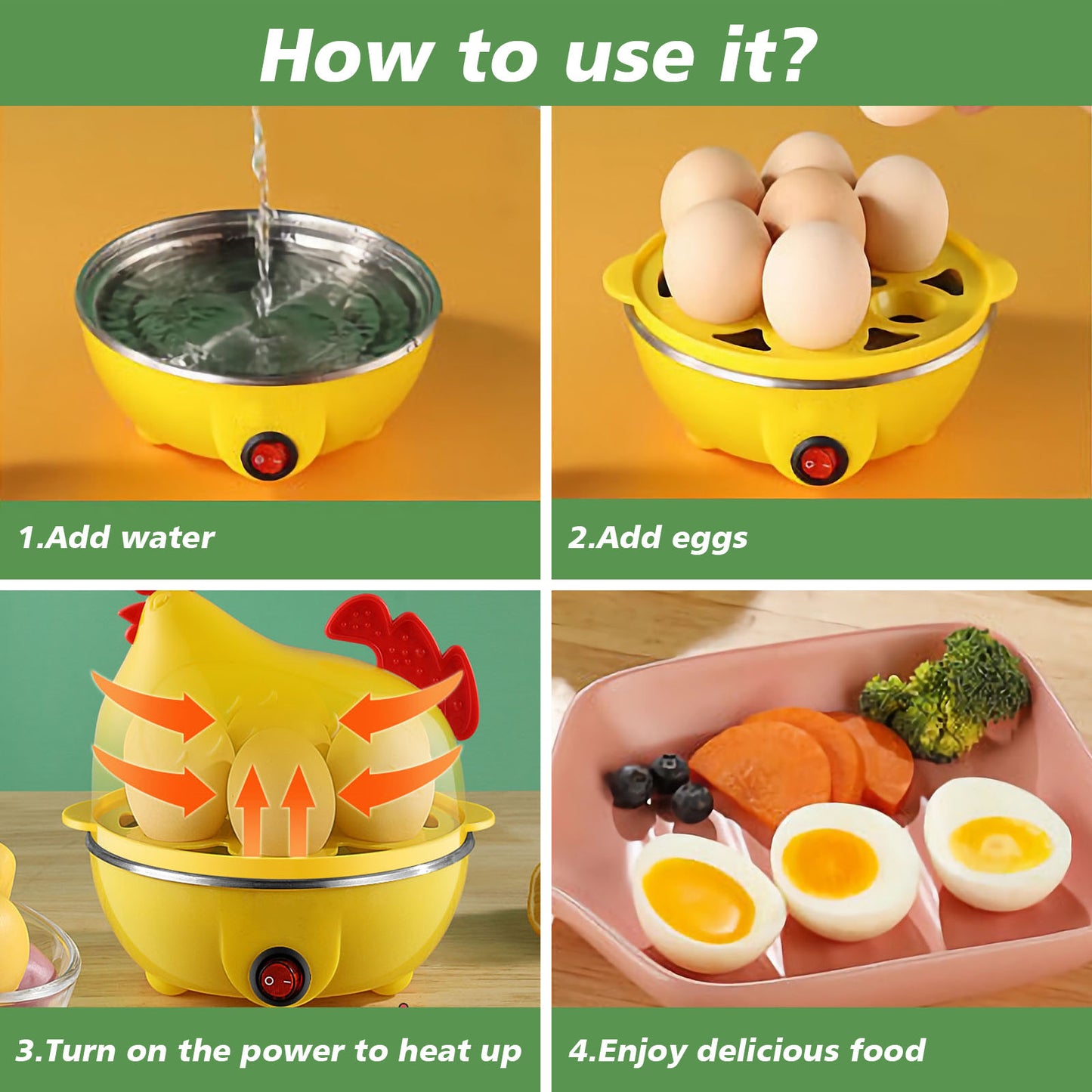 Egg Cooker, Egg Boiler With Steamer Attachment For Soft And Hard Boiled Eggs, Poached Boiled & Omelette Maker Machine Steamer, 7 Egg Capacity