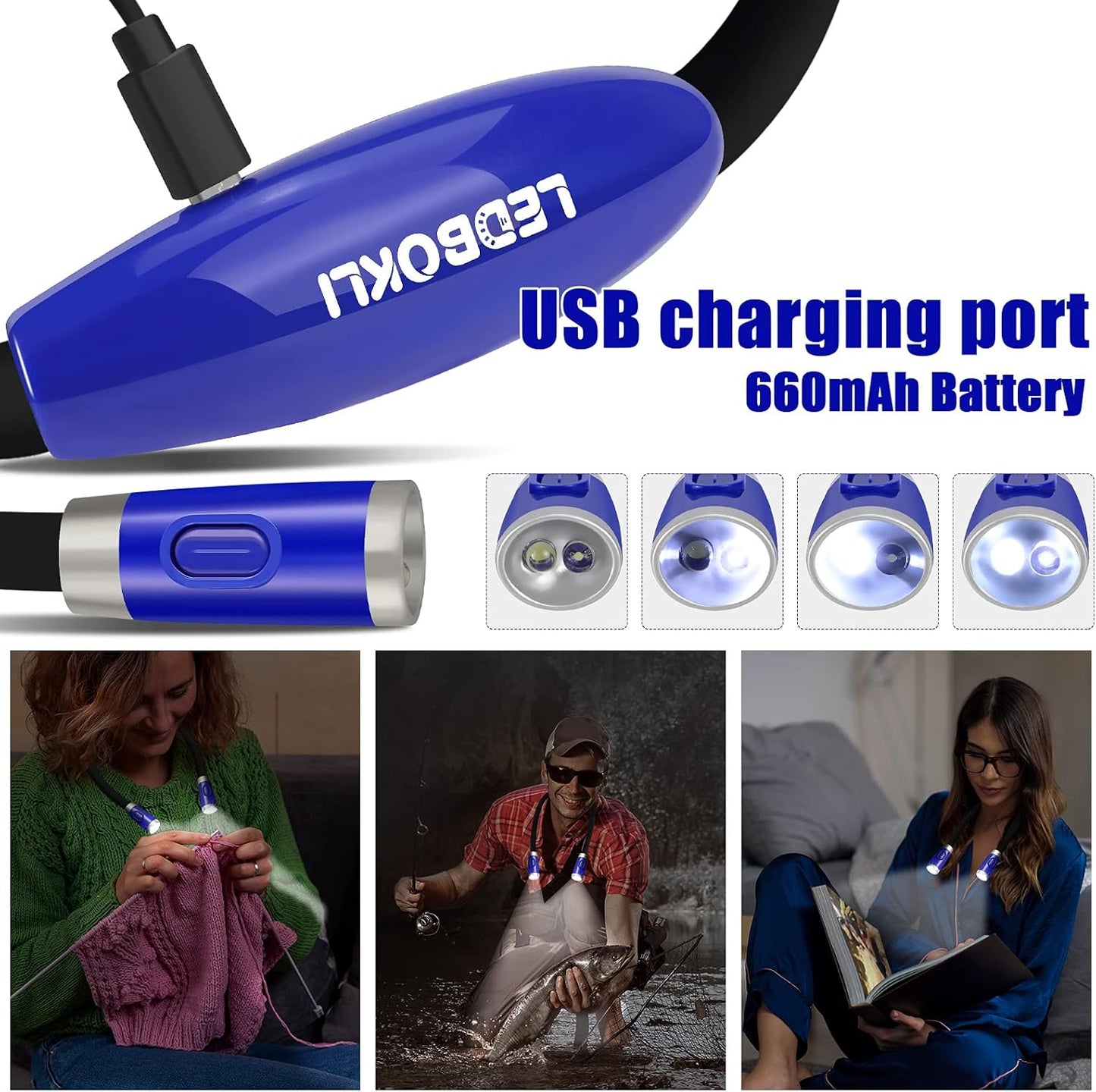 Neck Reading Light - 6 Brightness Levels, Bendable Neck, Hands Free, Rechargeable for Bed, Crochet, Knitting, Camping, Repairing