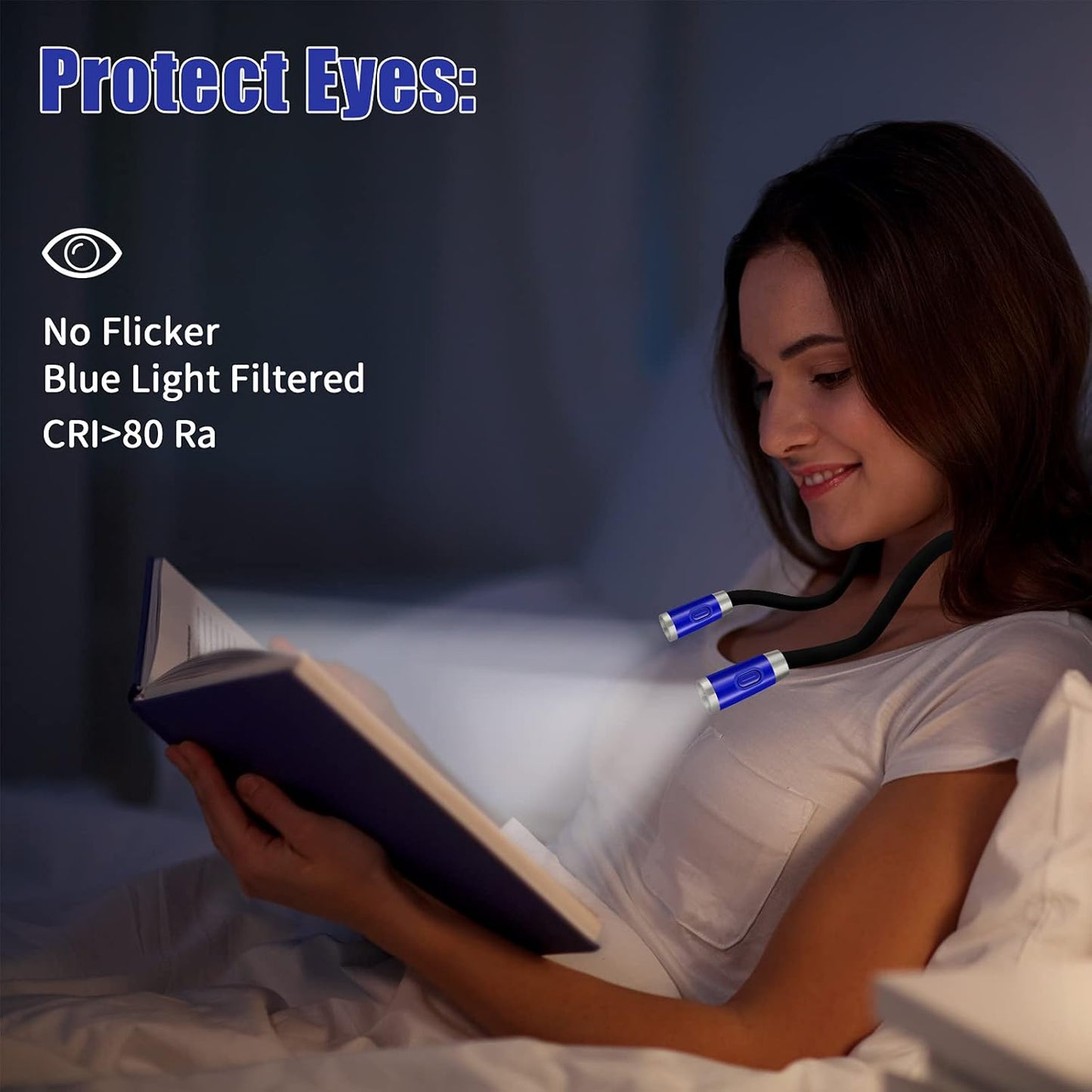Neck Reading Light - 6 Brightness Levels, Bendable Neck, Hands Free, Rechargeable for Bed, Crochet, Knitting, Camping, Repairing