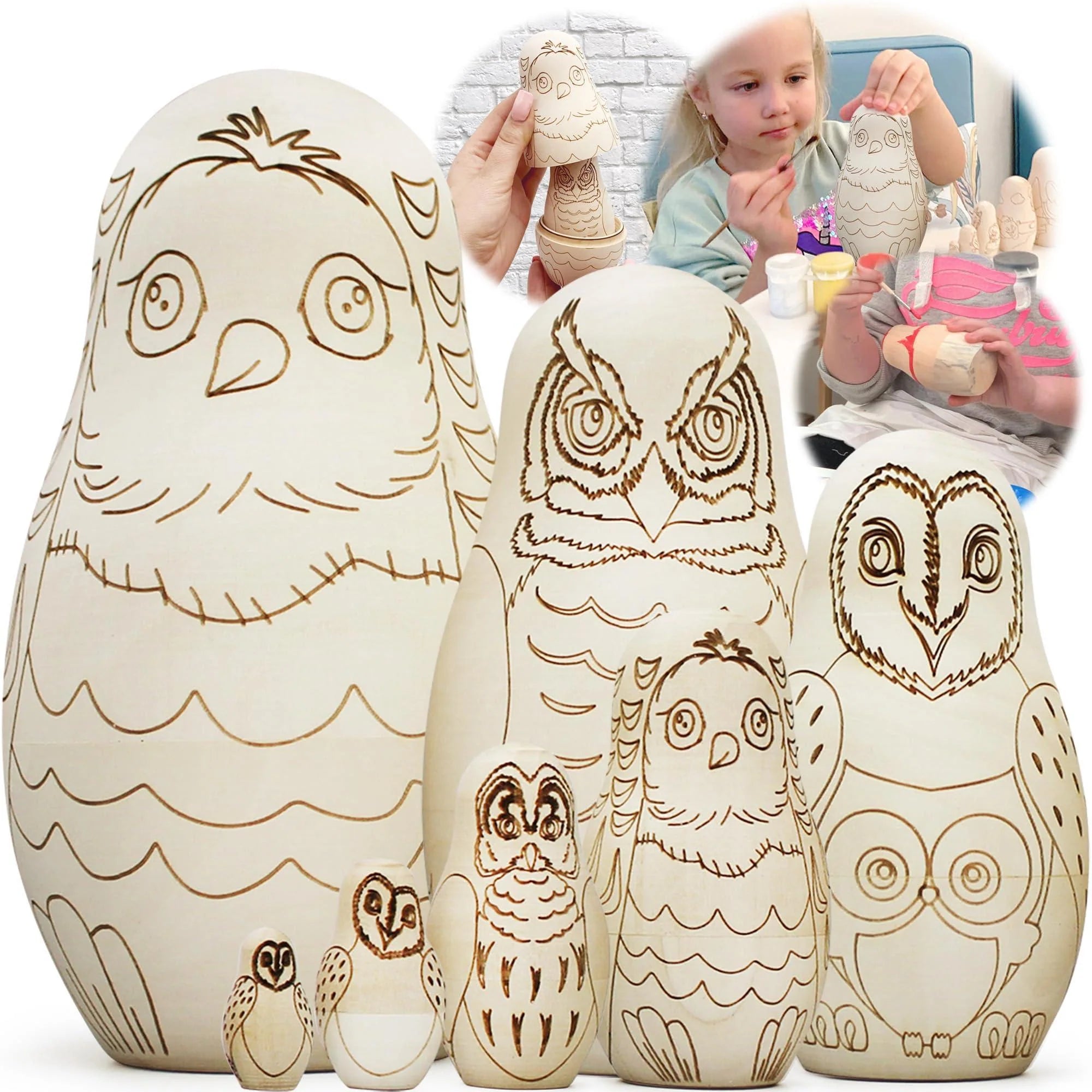 Owl Craft Blank Russian Nesting Dolls Set 7 Pcs Unfinished Wood Crafts Paint