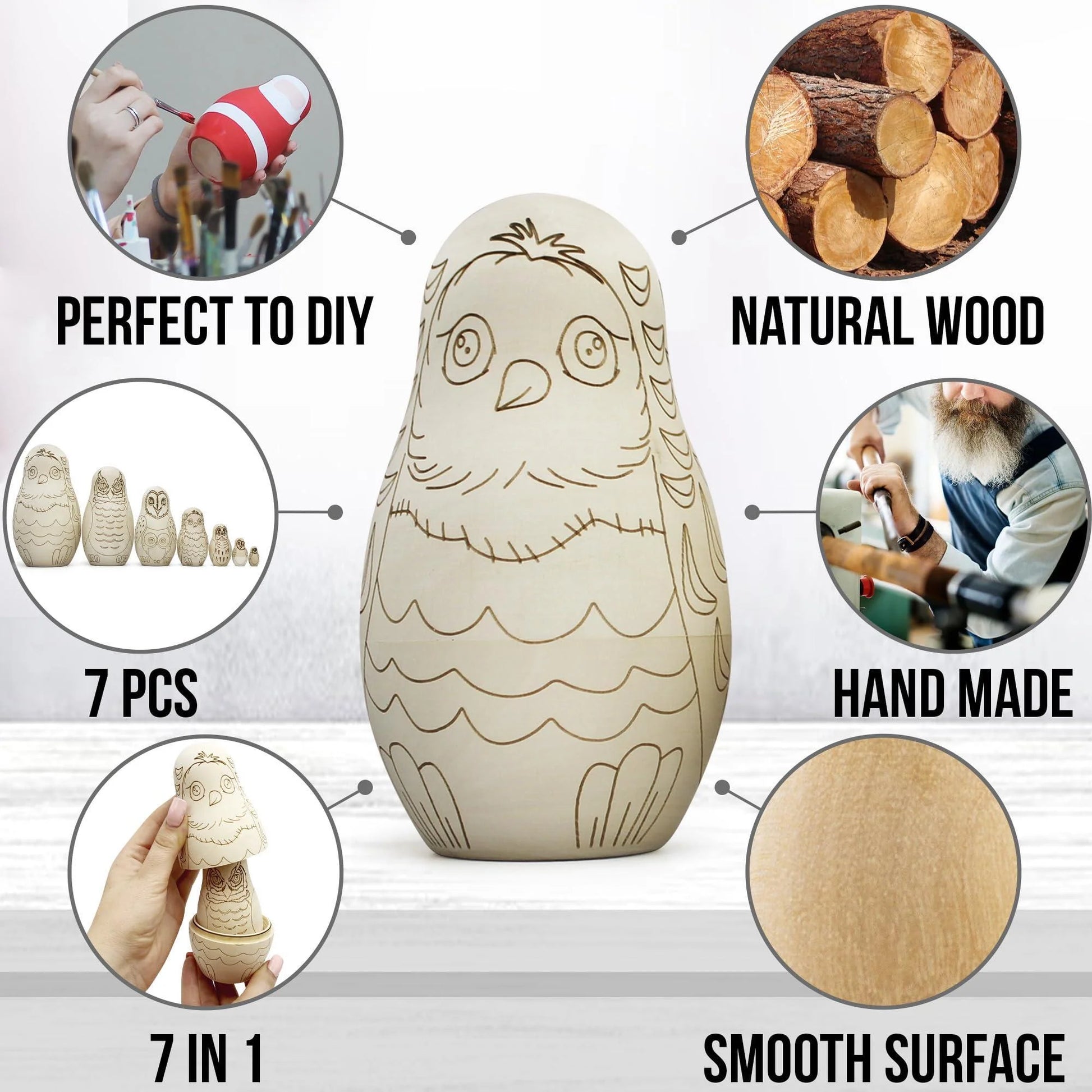 Owl Craft Blank Russian Nesting Dolls Set 7 Pcs Unfinished Wood Crafts Paint