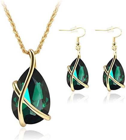 JAGENIE Women Jewelry Set Party Prom Gemstone Waterdrop Pendant Necklace Hook Earrings