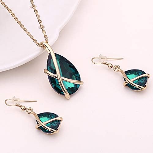 JAGENIE Women Jewelry Set Party Prom Gemstone Waterdrop Pendant Necklace Hook Earrings