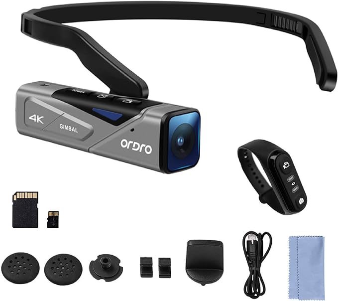 ORDRO-1 EP7 Head Wearable 4K 60fps Video Camera First Person View Hands-Free Camcorder APP Control Autofocus Built-in 2-Axis Gimbal Anti-Shake with Remote Control with16GB Memory Card