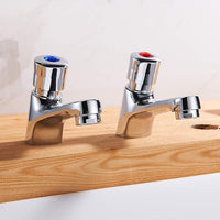 Commercial 2 Handles Bathroom Faucet Water Saving Metering Lavatory Faucet Pillar Tap Chrome Lead-Free