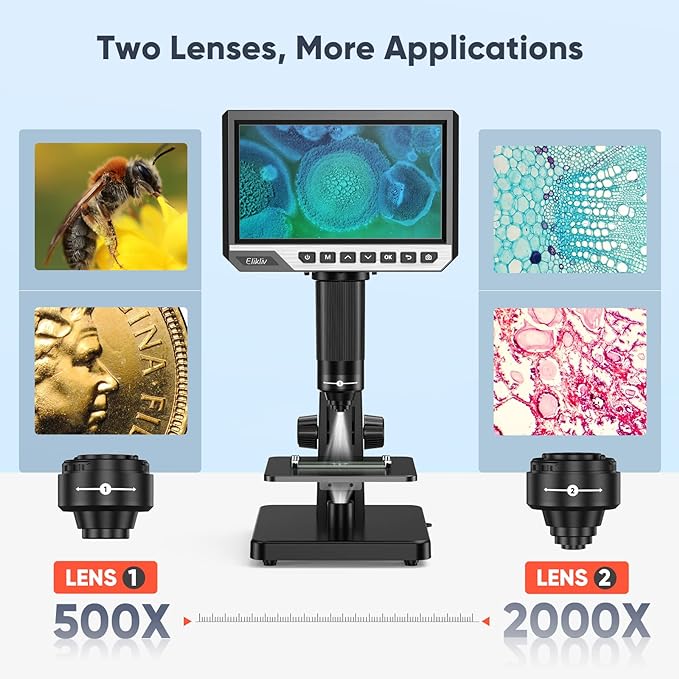 Elikliv EDM11S LCD Digital Microscope with Remote Control - 2000X Biological Microscope for Adults with Digital & Microbial Lens, 7'' IPS Display, 10 LEDs, 12MP Resolution, Windows/Mac OS Compatible