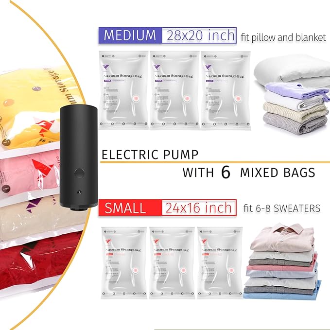 VMSTR Travel Vacuum Storage Bags with Electric Pump, 6 Pack Space Saver Bags for Clothes, Vacuum Bags for Blankets, Pillow, Toys